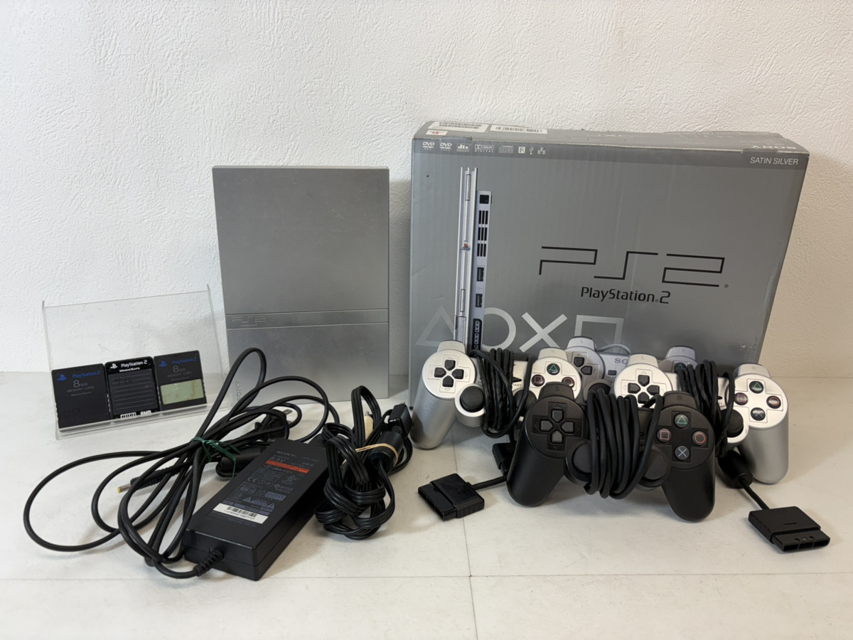 14774-044★SONY PlayStation2 PS2 SCPH-77000 サテンシルバー 本体 箱付 コントローラー3個 動作品 薄型 プレステ2 一式セット★