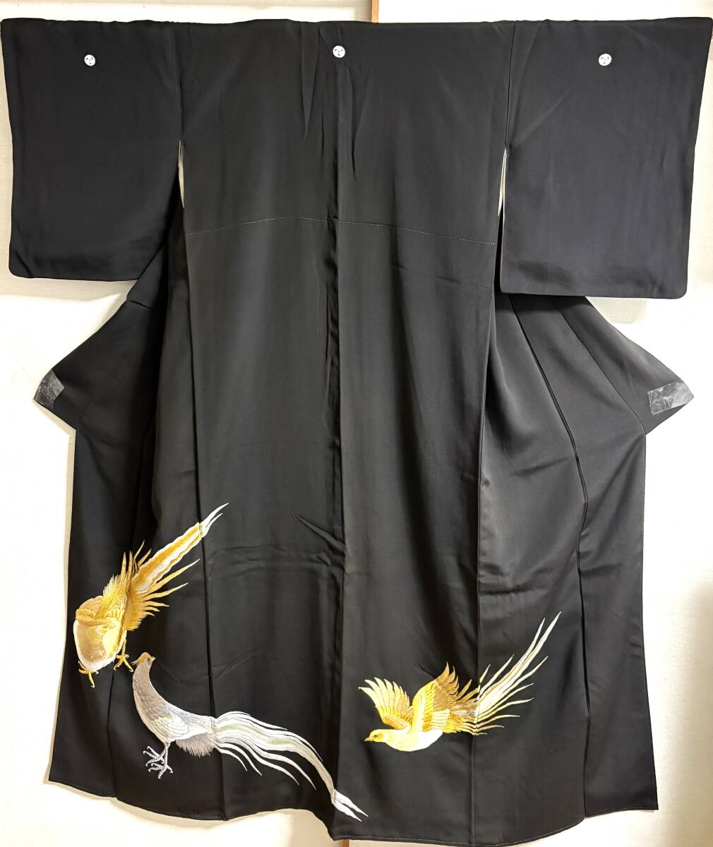 黒留め袖　鳳凰　刺繍　正絹　美品　着丈163ｃｍ