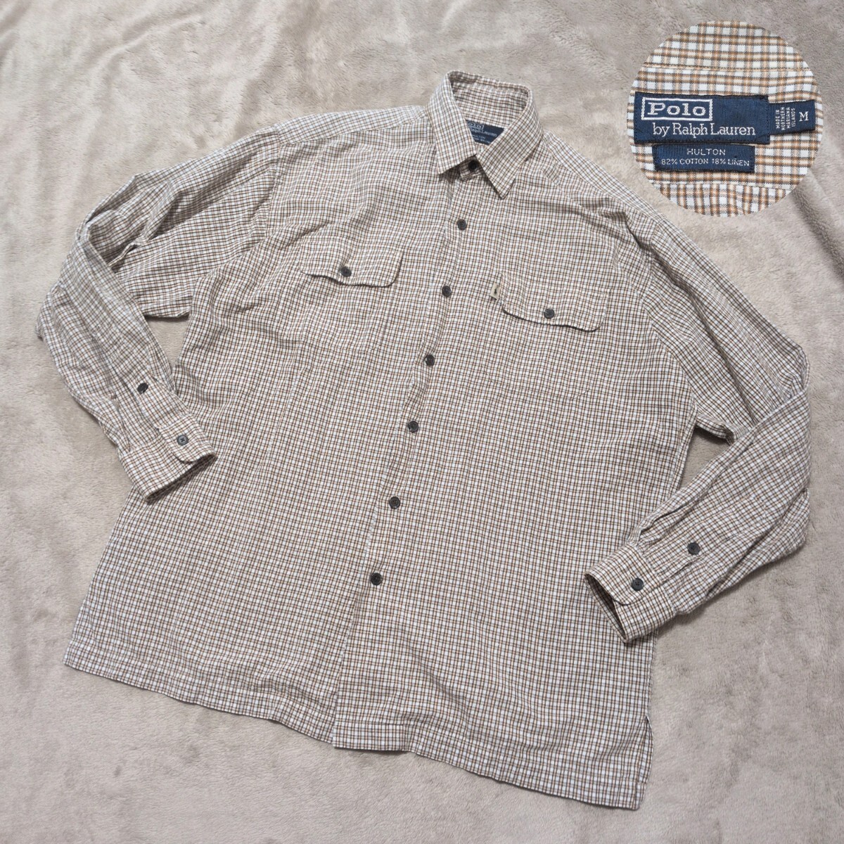 希少★Polo by Ralph Lauren ポロラルフローレン 長袖シャツ HULTON ピスタグ 綿麻 コットンリネン 両ポケ フラップ チェック柄 M