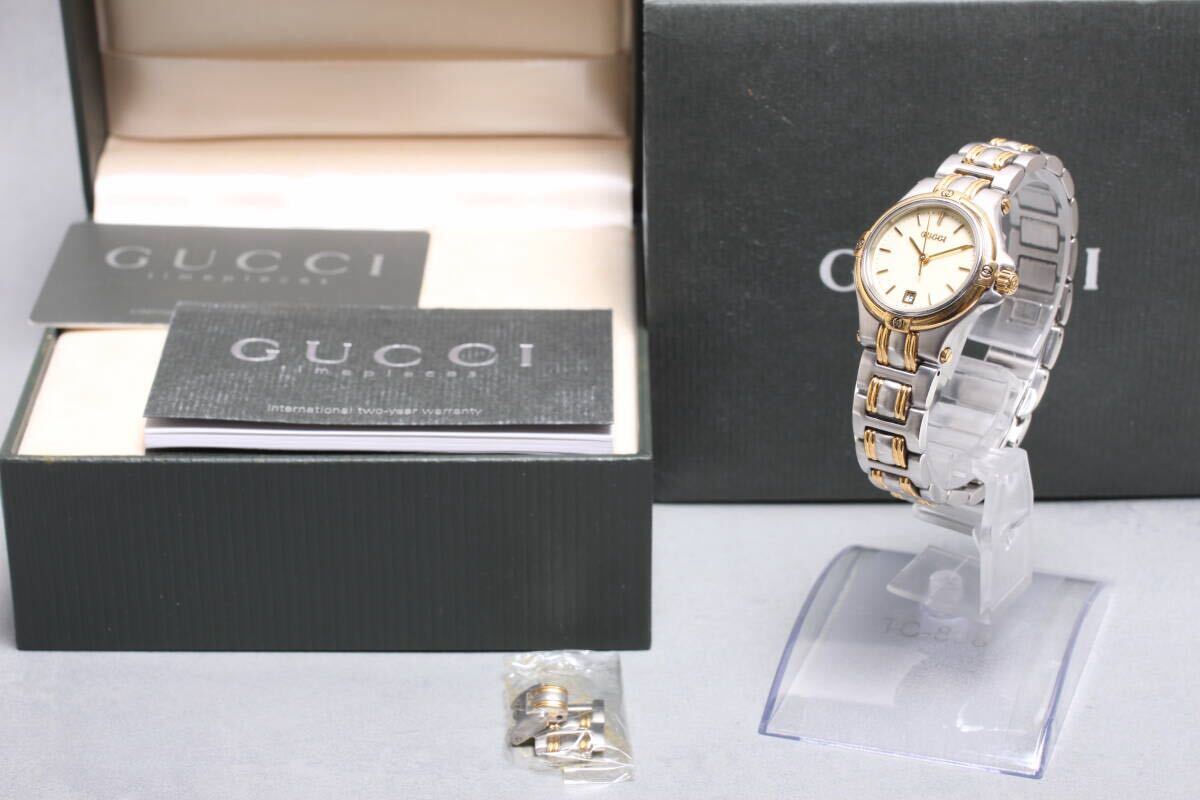 【箱付】GUCCI グッチ 9040L QZ デイト ベージュ文字盤 レディース腕時計