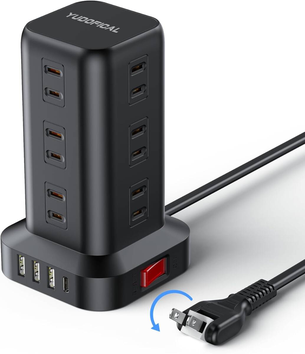367　電源タップ タワー型 延長コード 2m 12個ACコンセント 3個USB ポート １個Type-C搭載 一括スイッチ 雷ガード 180回転 薄型プラグ 