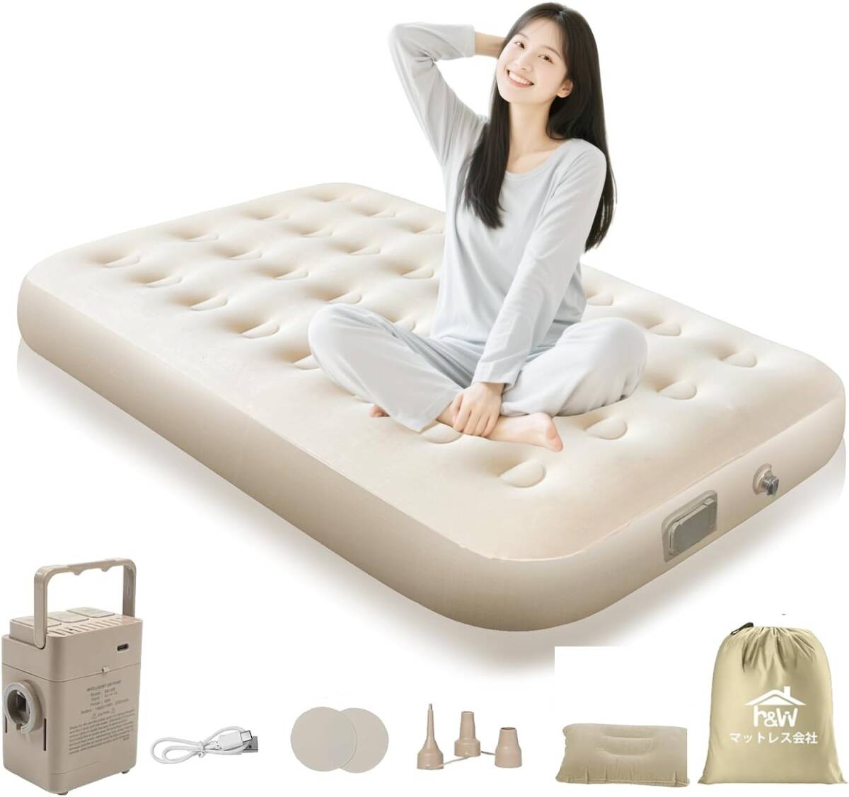 354　エアーベッド 電動ポンプ内蔵【25cm厚&90秒自動膨張】電動キャンプ エアマット 折り畳み式 エアーベッド シングル USB充電式