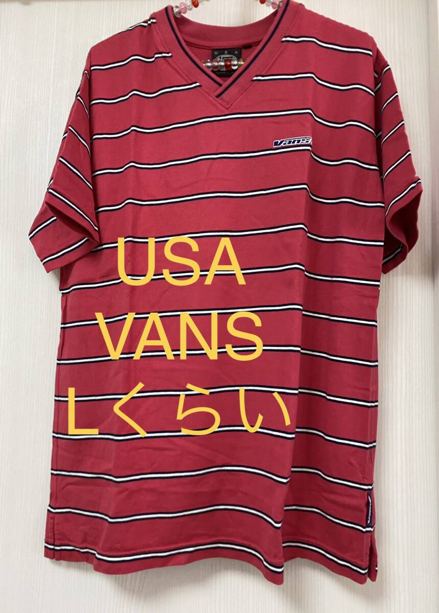 VANS メンズ　半袖　Tシャツ　トップス　カジュアル　カットソー　ボーダー　ストライプ　赤　ピンク　 L MEN’S