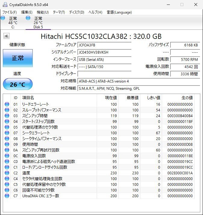 レ■L5426　換装用HDD SATA 3.5インチ ★ 正常動作品 ★ Panasonic DMR-BR585 中古 交換用HDD【HCS5C1032CLA382】320GB
