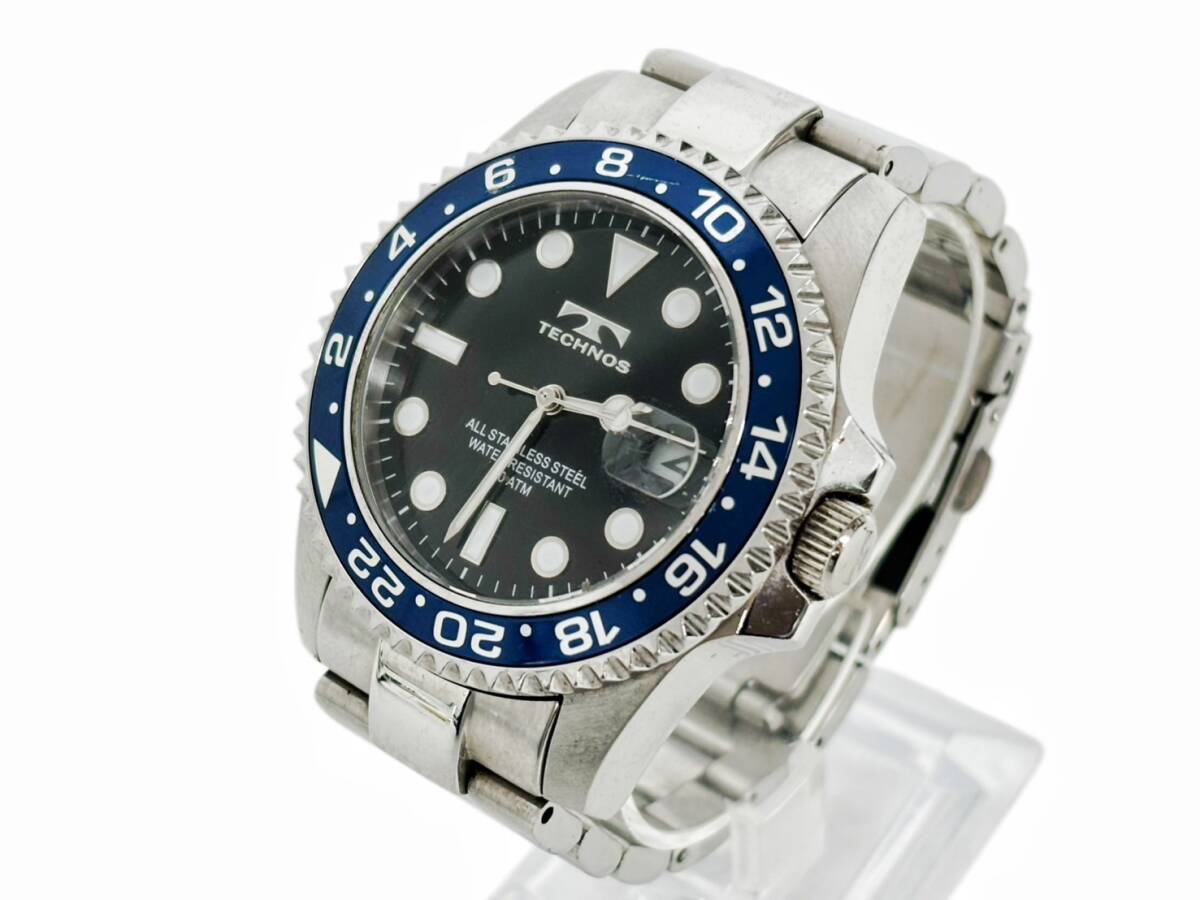稼働品 テクノス T4B20 GMT風 ダイバーデザイン クォーツ メンズ 腕時計 16cm TECHNOS ブラック ブルー