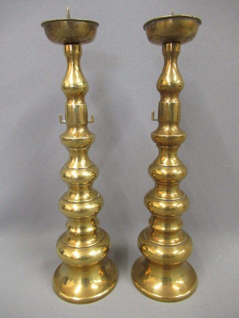 【銅製　燭台一対(2本)】時代物仏教美術　ローソク立　金色仏具　高・約17cm