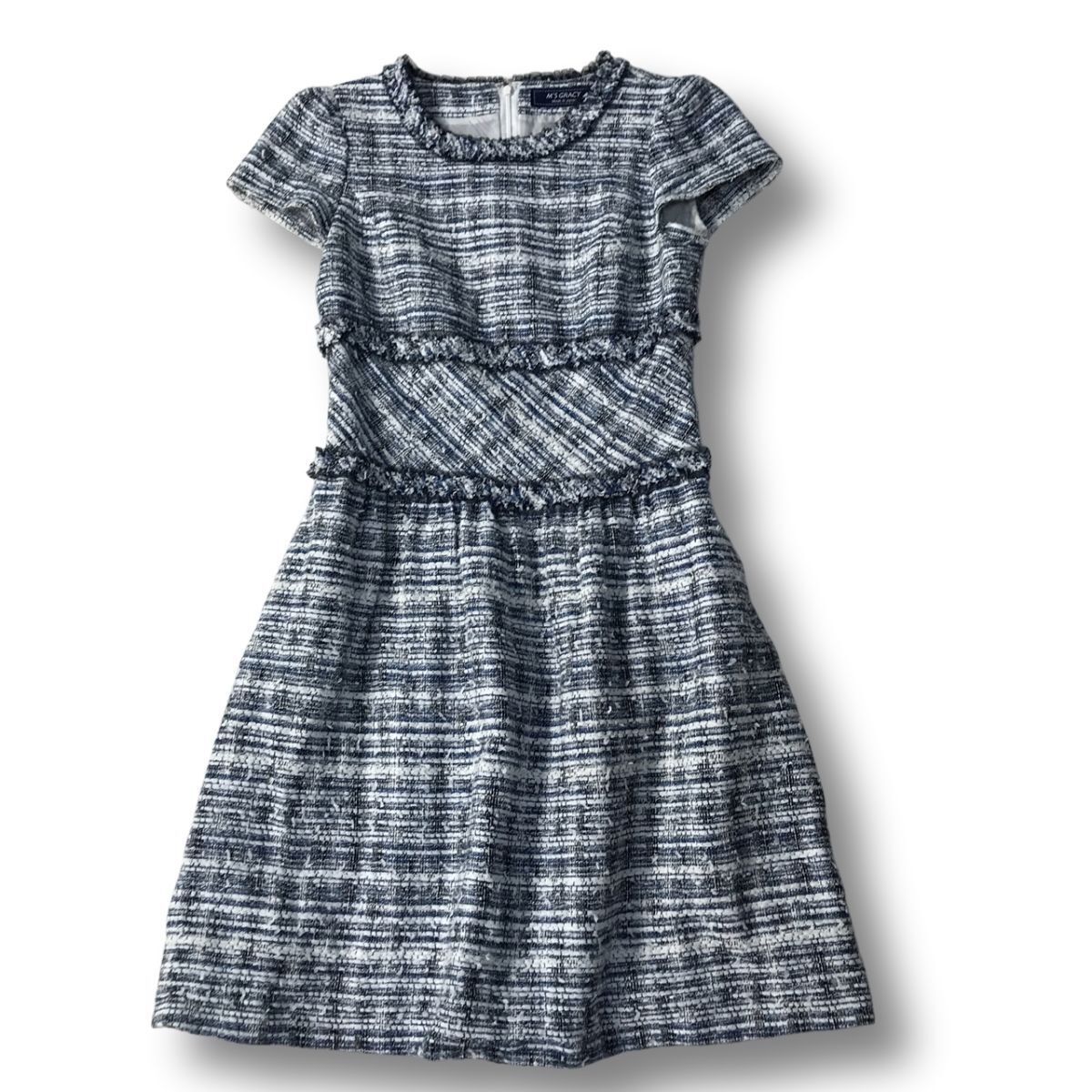 《良品◎》M'S GRACY エムズグレイシー★日本製*ツイード*ワンピース*ネイビー/ホワイト*サイズ38(LS1038)◆S80