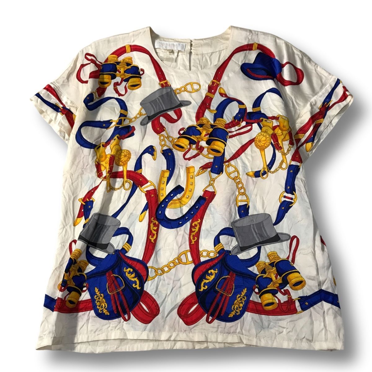 《良品◎》ESCADA エスカーダ★上質シルク*絹*総柄シャツ*ベージュ/レッド/ブルー*サイズ38(LS1034)◆NP