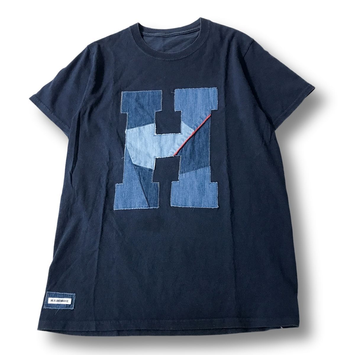 《良品◎》H.R.REMAKE エイチアールリメイク 聖林公司★パッチワークデザイン*半袖Tシャツ*カットソー*ネイビー*サイズ2(MS5721)◆NP
