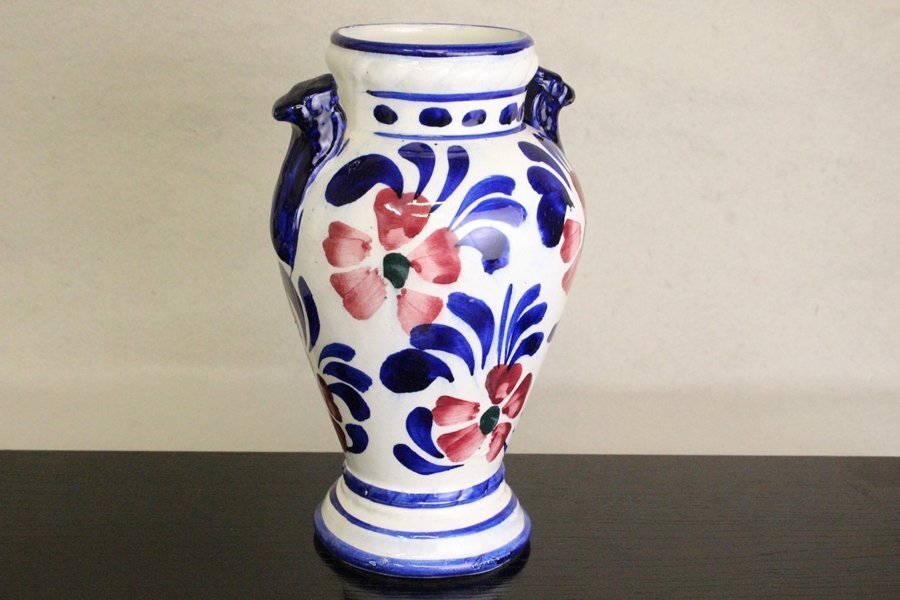 TB526スペイン製 マジョリカ陶器 花瓶◇高さ約21cm/手描き/花柄/花器/花入/飾壺/焼物/伝統工芸/時代/骨董/古美術/古道具タグボート