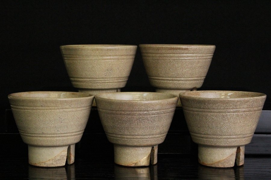 TB526煎茶碗 5客◇うぶだし/萩焼?/煎茶器/煎茶道具/玉露/茶杯/茶盃/茶具/陶器/焼物/工芸/時代/骨董/古美術/古道具タグボート