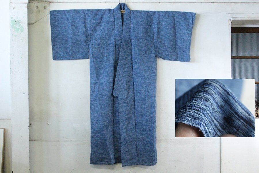 TB526単衣 着物 子供用 男の子用◇着丈約140cm/浴衣?/紬?/縮?/素材不明/青色/紺色/古着/夏用/夏物/透け感/おおぎづる/古道具タグボート