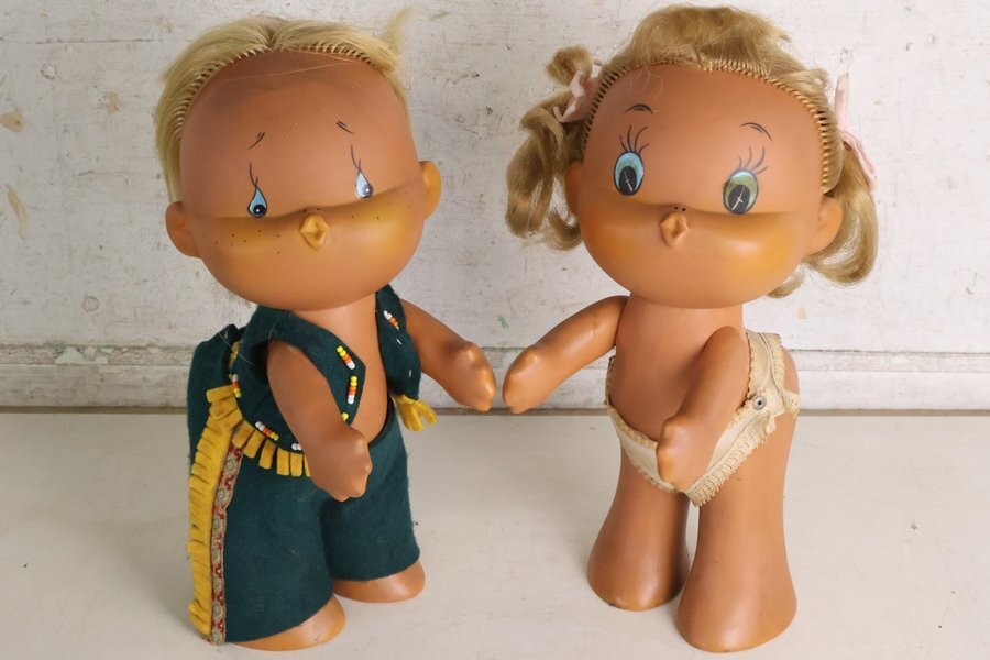 TB526セキグチ ポッポちゃん ソフビ人形 2体◇身長約29cm/1970年代/昭和レトロ/当時物/キス顔/ビンテージ/ドール/古道具タグボート