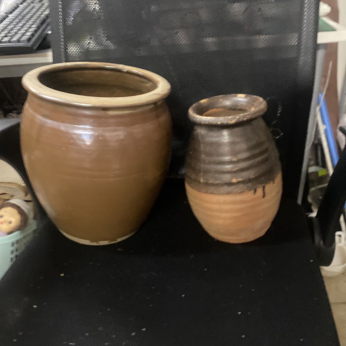 【古道具】時代物 陶器 壺 2点セット ◆ 茶釉 水甕 漬物かめ / 焼締 蛸壺 ◆ レトロ 骨董 インテリア 花器 花入 メダカ鉢