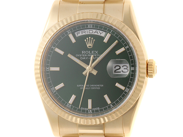 ROLEX ロレックス デイデイト36 118238 腕時計 K18イエローゴールド サンレイグリーン文字盤 ユニセックス【中古】【472】SJ