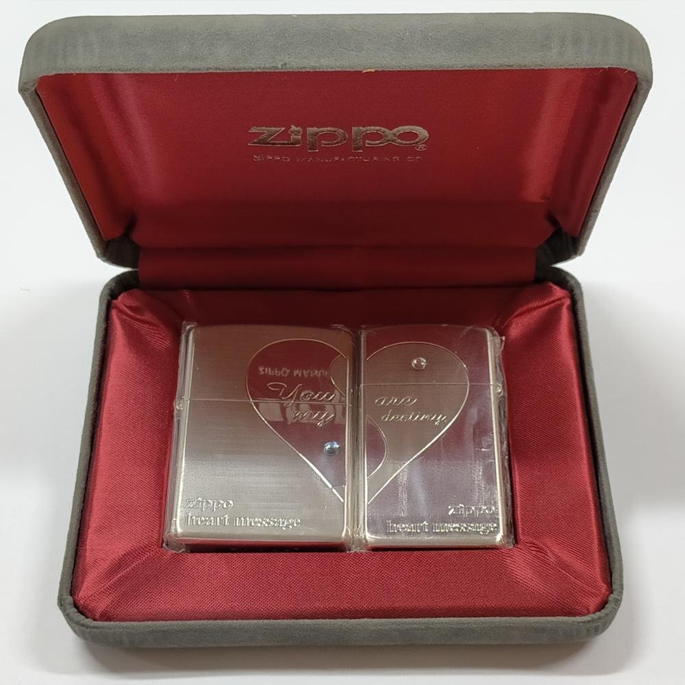5点以上落札で送料無料！ Zippo ジッポー ペアライター シルバー ハートメッセージ 3901977