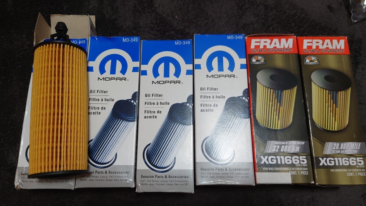 MOPAR MO-349 オイルフィルター 4個 FRAM XG11665 オイルフィルター 2個 計6個、ドレンボルト純正3個外品5個ジープルビコン3.6リッター用