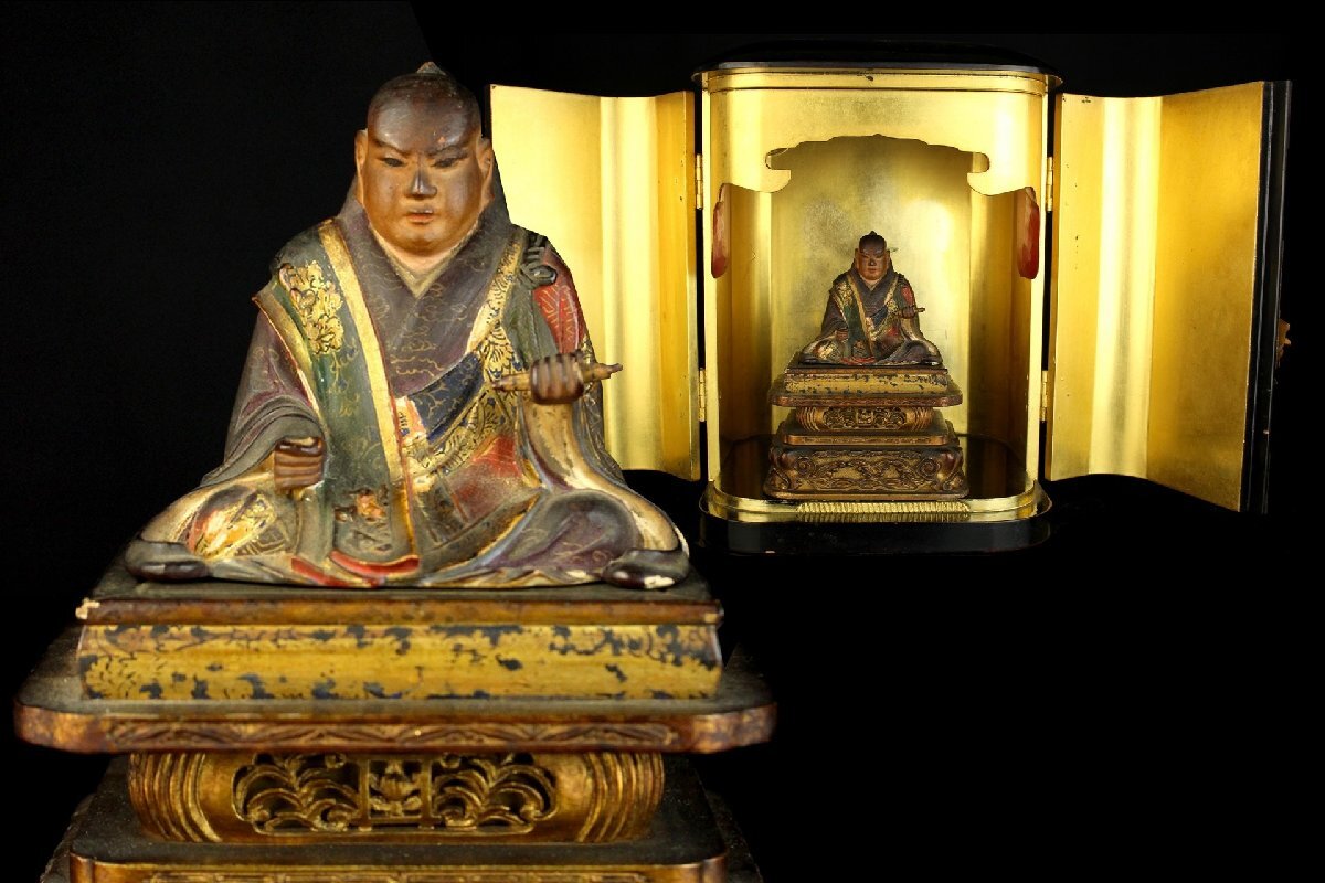仏教美術 木彫 日蓮上人像 細密彫刻 厨子 蔵出品 【30K50】