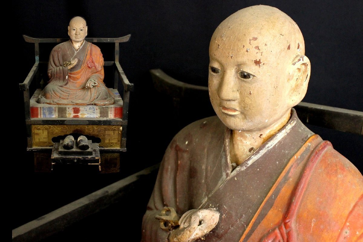 仏教美術 空海 弘法大使 座像 玉眼 彩色木彫 高52cm 時代品 蔵出品 【32TU50】
