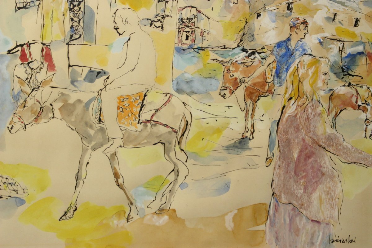 絵画 水彩画 青木寿『驢馬の辻』 真作保証 福岡美術協会会長 10号 合わせ箱