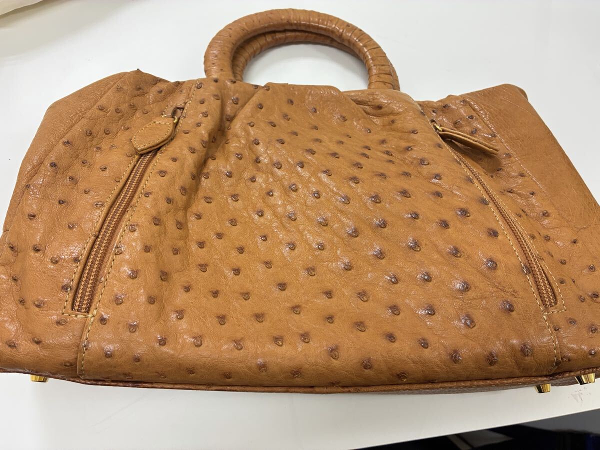 1円スタート　オーストリッチ ハンドバッグ ボストンバッグ ブラウン ゴールド金具 エキゾチックレザー