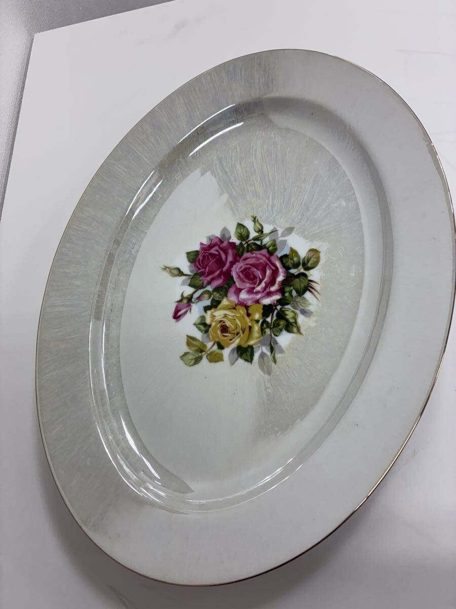 1円スタート　オーバルプレート ローズ バラ 大皿 平皿 プレート 菓子皿 金縁 花柄 洋食器 飾り皿