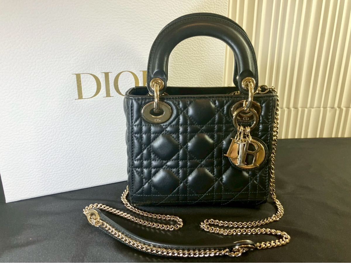 不中2201 DIOR クリスチャンディオール レディディオール ミニバッグ ラム ブラック 美品