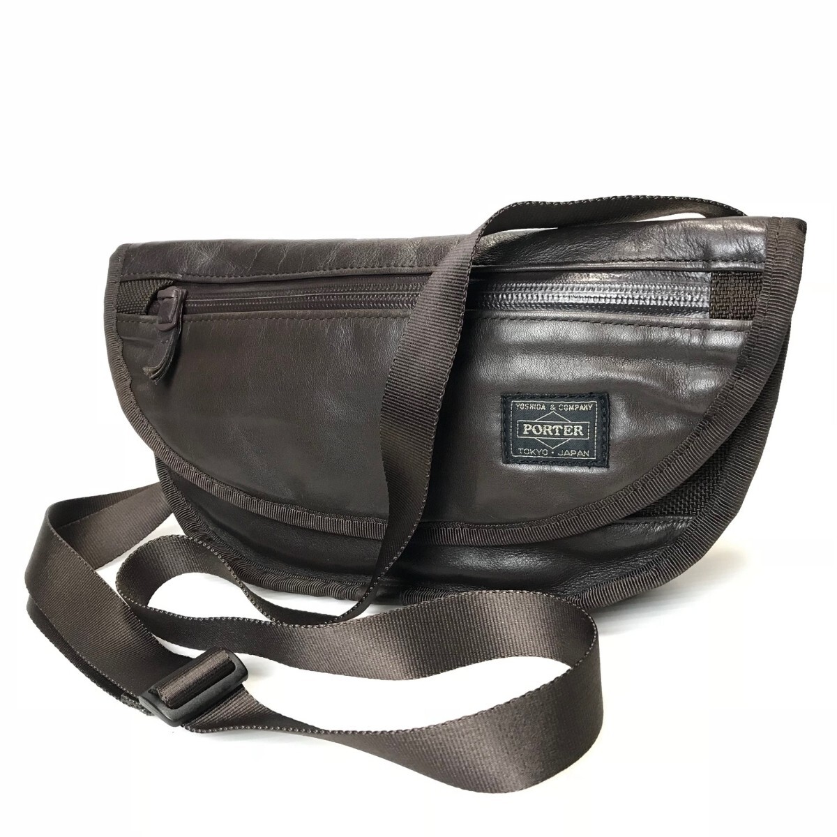PORTER ポーター☆ ZOOM ズーム レザー切替 ショルダーバッグ /107-04898/定価:¥17,600/ブラウン/男女兼用/良品
