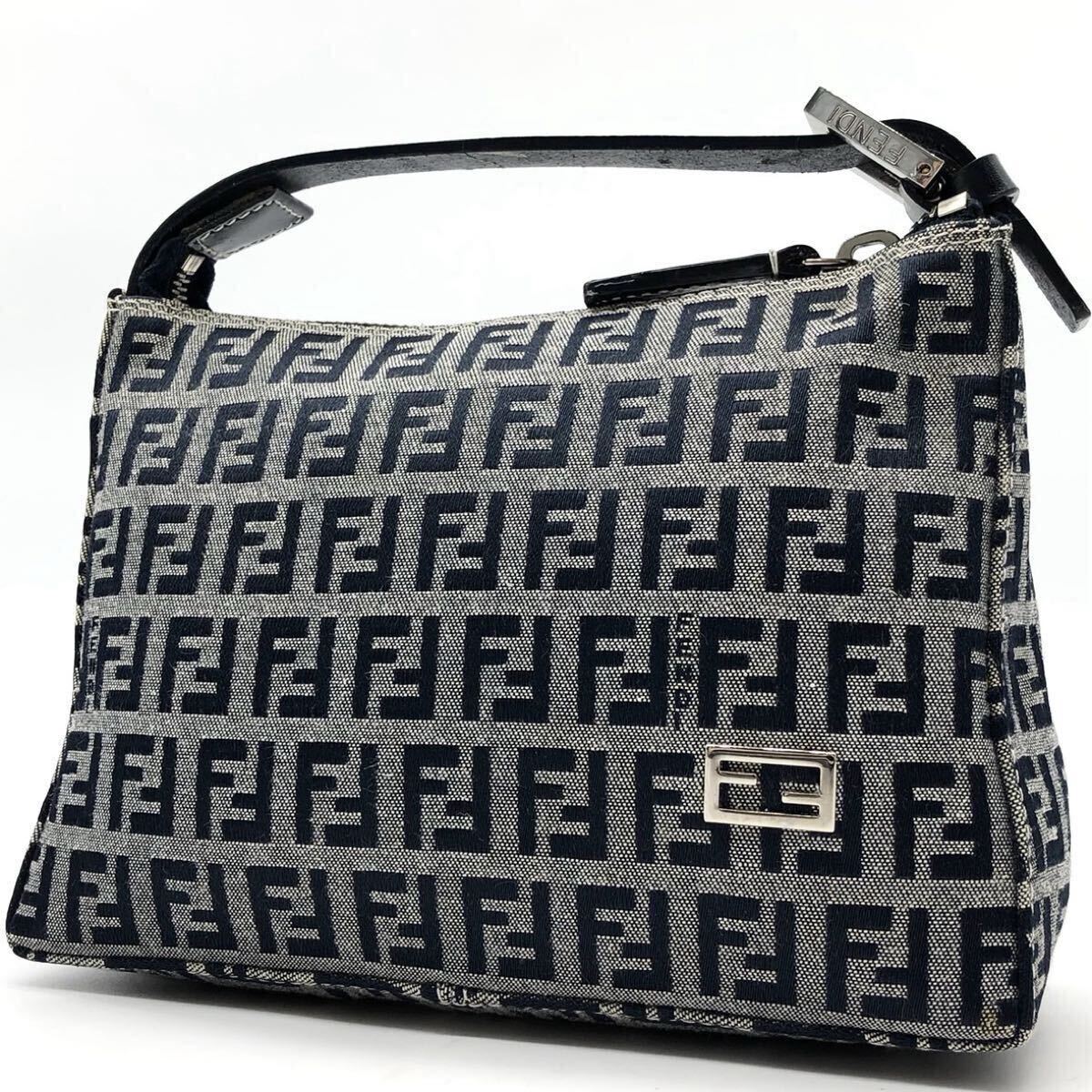 【極希少】FENDI フェンディ ズッキーノ ワンショルダーバッグ ミニ アクセサリーポーチ キャンバス レザー グレー ネイビー FF ホーボー