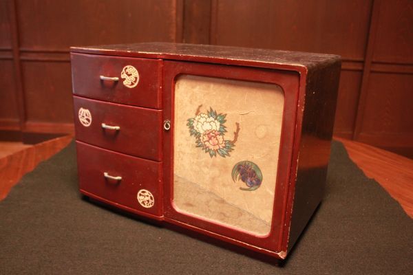 【旧家蔵出し】★アンティーク 家具『漆塗り 和紙 螺鈿細工の小引き出し』★(検:初だし/古家具/古民家/レトロ/小物入れ/当時物)80521F