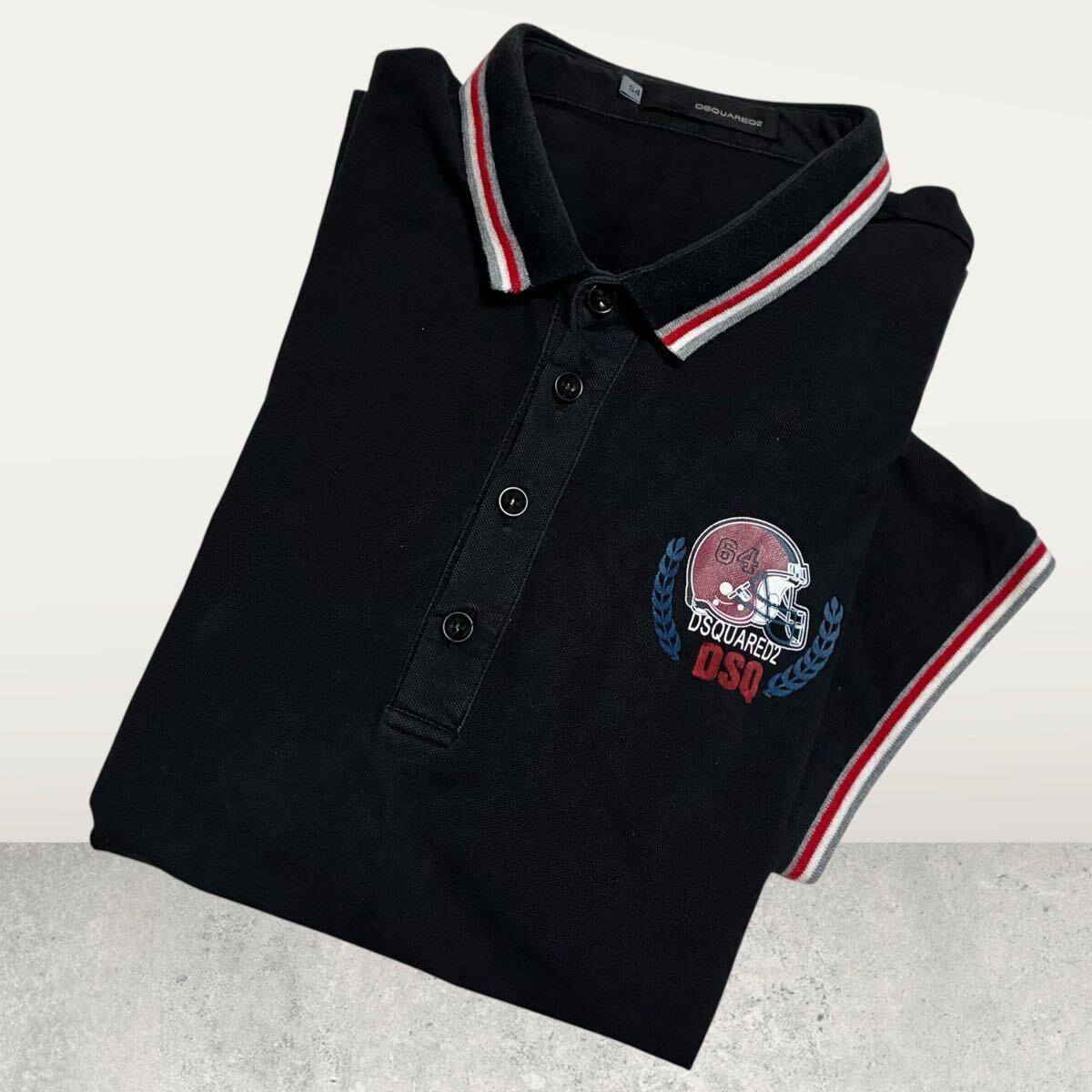 希少/y2k!!DSQUARED2 ディースクエアード メンズ ポロシャツ トップス 半袖 ライン ロゴデザイン 54 三菱商事 黒 ブラック アーカイブ 