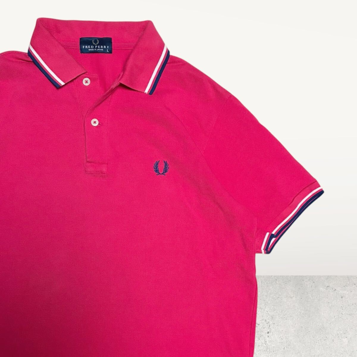 美品/希少色!!FRED PERRY フレッドペリー メンズ ポロシャツ 刺繍ロゴ 月桂樹 ライン 鹿の子 ピンク L トップス 半袖 ゴルフ pink 日本製
