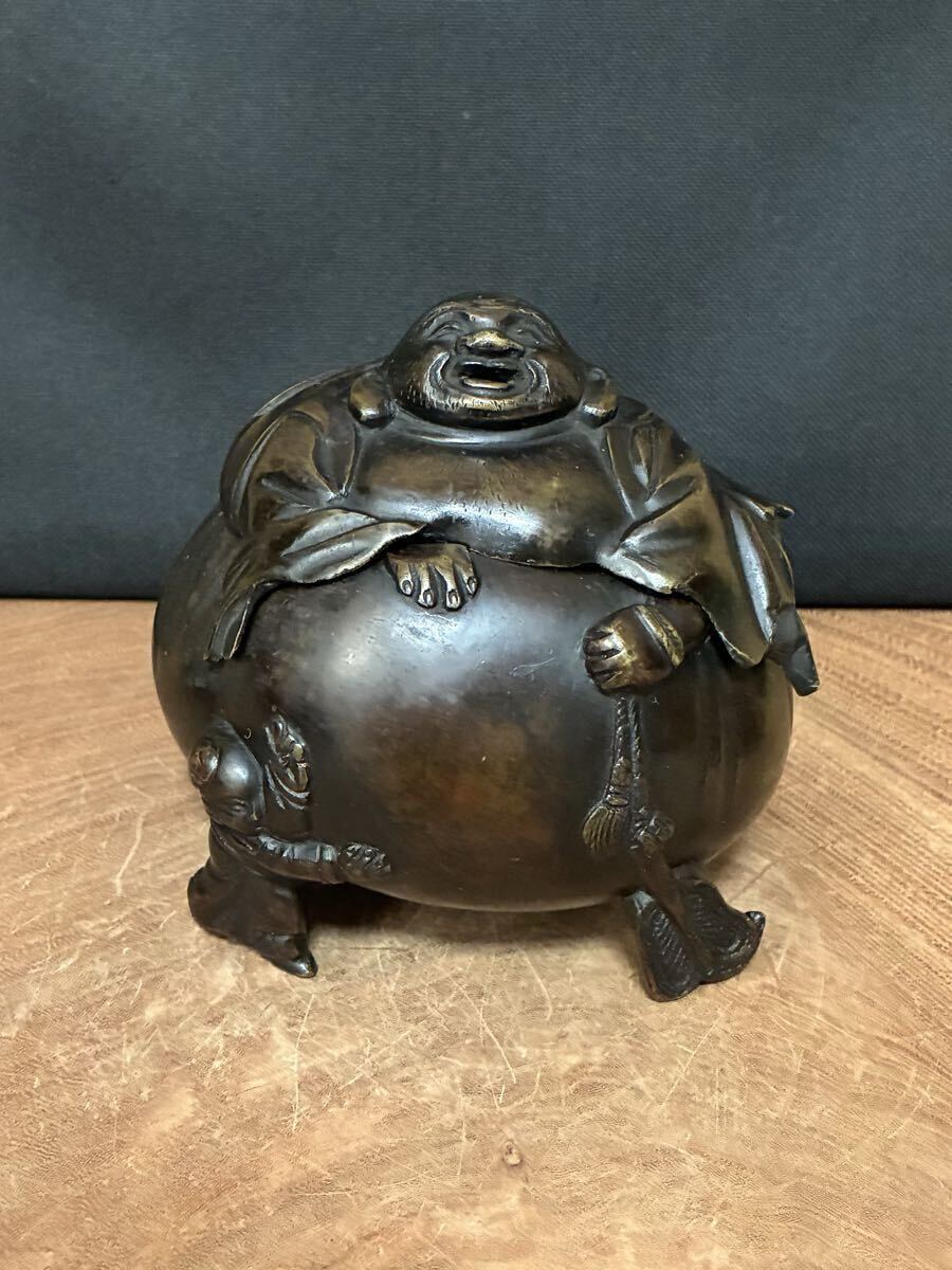 【明治金工】古銅 三つ足布袋香炉・七福神・茶道具