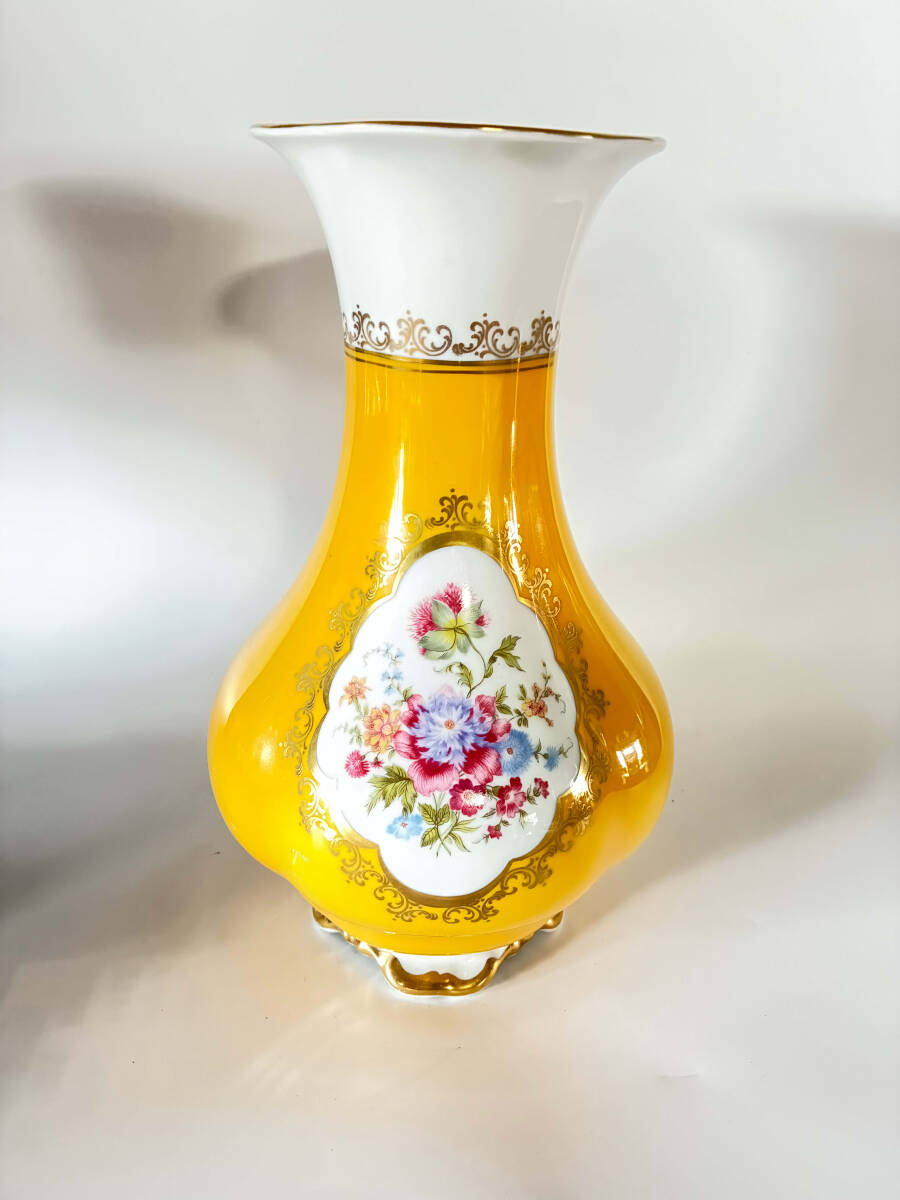 Schumann Arzberg Bavaria 花瓶 フラワーベース 西ドイツ製 黄色 金彩 花柄 陶磁器