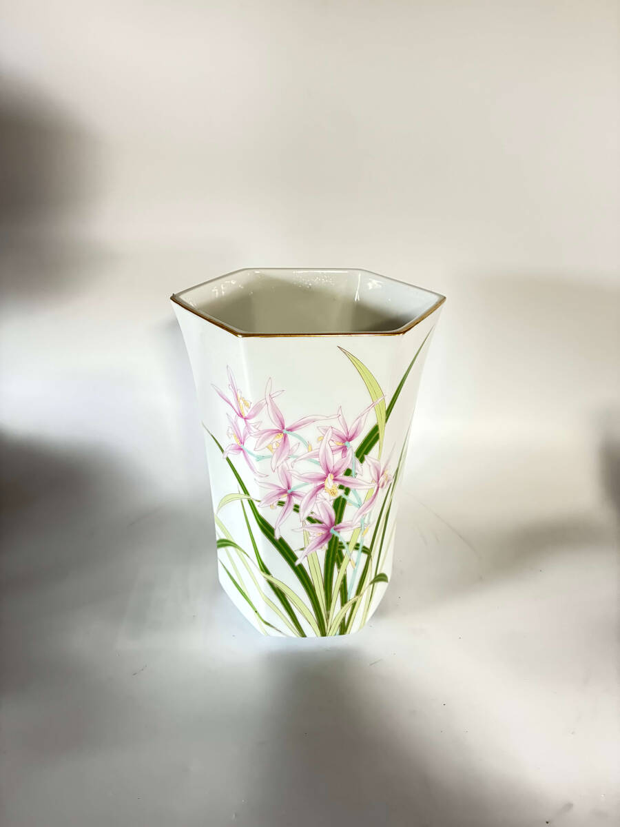 香蘭社 花瓶 花器 六角形 フラワーベース 蘭文 金彩 有田焼