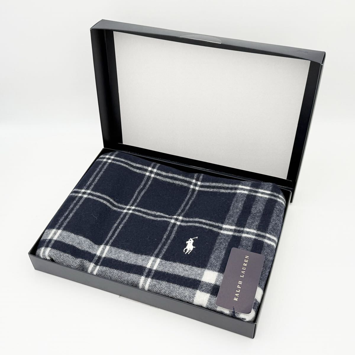 RALPH LAUREN ラルフローレン ミルポンドプラッド ひざ掛け 75×170cm チェック柄 ネイビー系 現状品