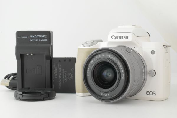 【美品】CANON EOS Kiss M White EF-M 15-45mm F3.5-6.3 IS STM キャノン ミラーレス一眼レフカメラ ホワイト ボディ レンズ EF-TN-JP2497