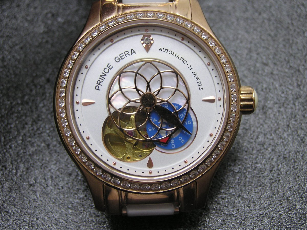 ★ハローカメラ★ 2270 Prince GERA Automatic 自動巻き 腕時計 動作品 ダブルスケルトン 21石 レディース 1円スタート