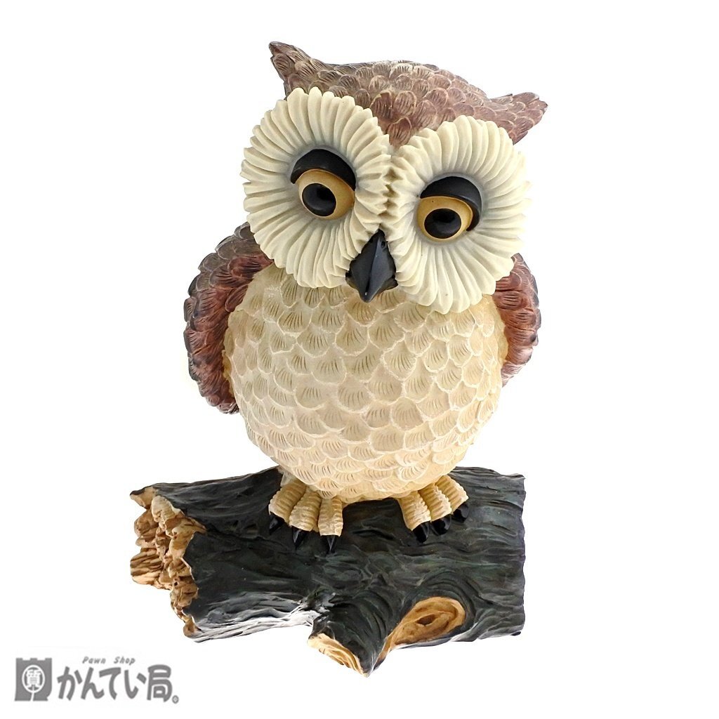 木株乗りフクロウ 置物 ふくろう インテリア オブジェ 縁起物 高さ：約40ｃｍ×横幅（木株部分）：約27ｃｍ 幸運 梟 現状販売品