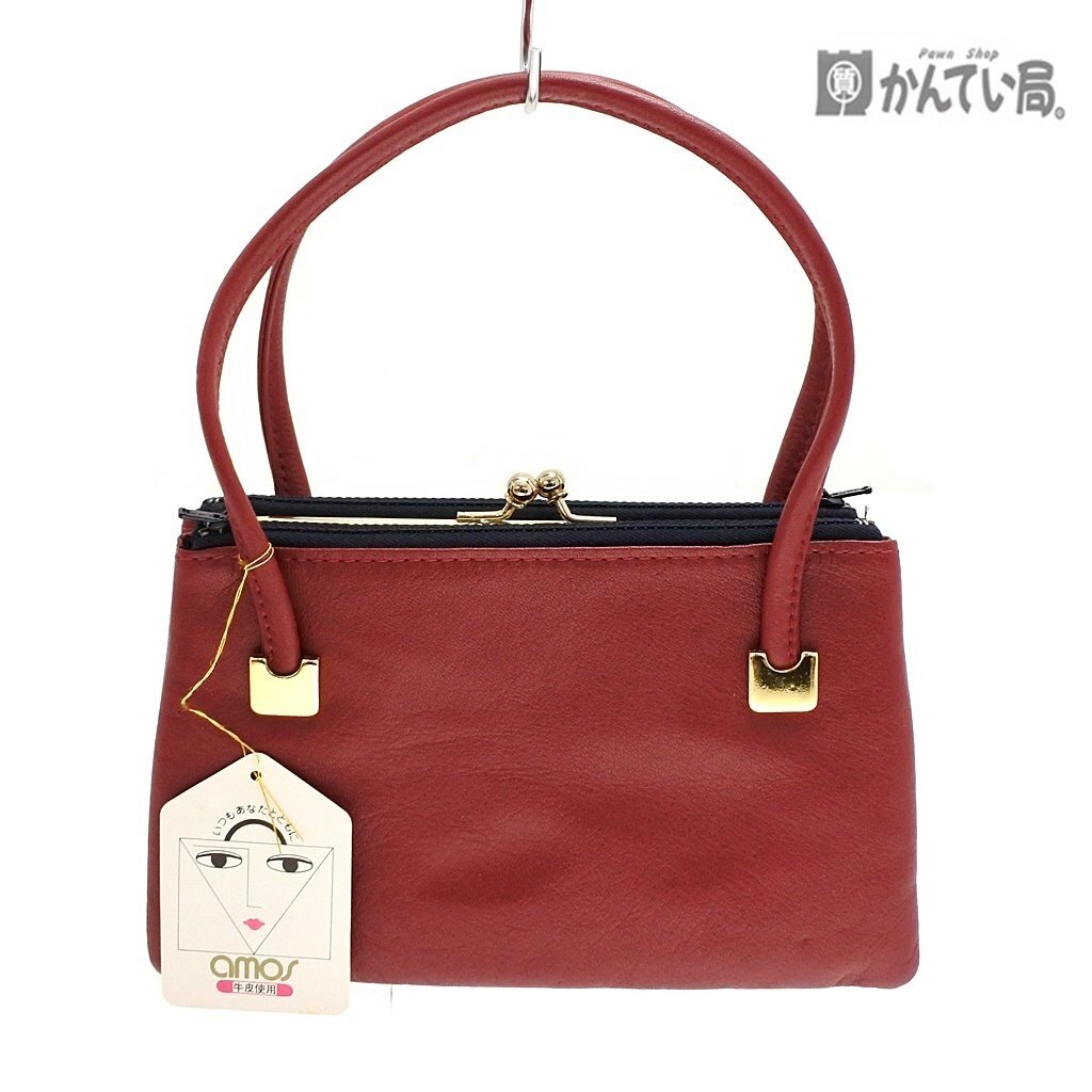 未使用 保管品 コンパクト ミニバッグ 手提げ かばん レッド系 牛皮使用 がま口開閉式 レディースバッグ 小物入れ クリックポスト発送