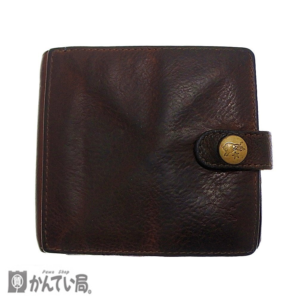 IL BISONTE イルビゾンテ 二つ折り 財布 コンパクト ウォレット ダークブラウン系 レザー 本革 スナップボタン開閉式 保存袋付き 小銭入れ