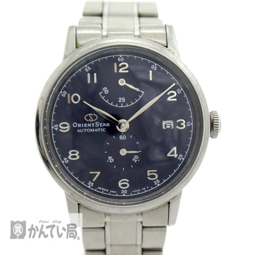 稼働品 ORIENT STAR オリエントスター F6G4-UAA0 パワーリザーブ 裏スケ メンズ 腕時計 自動巻き SS ネイビー文字盤 付属あり
