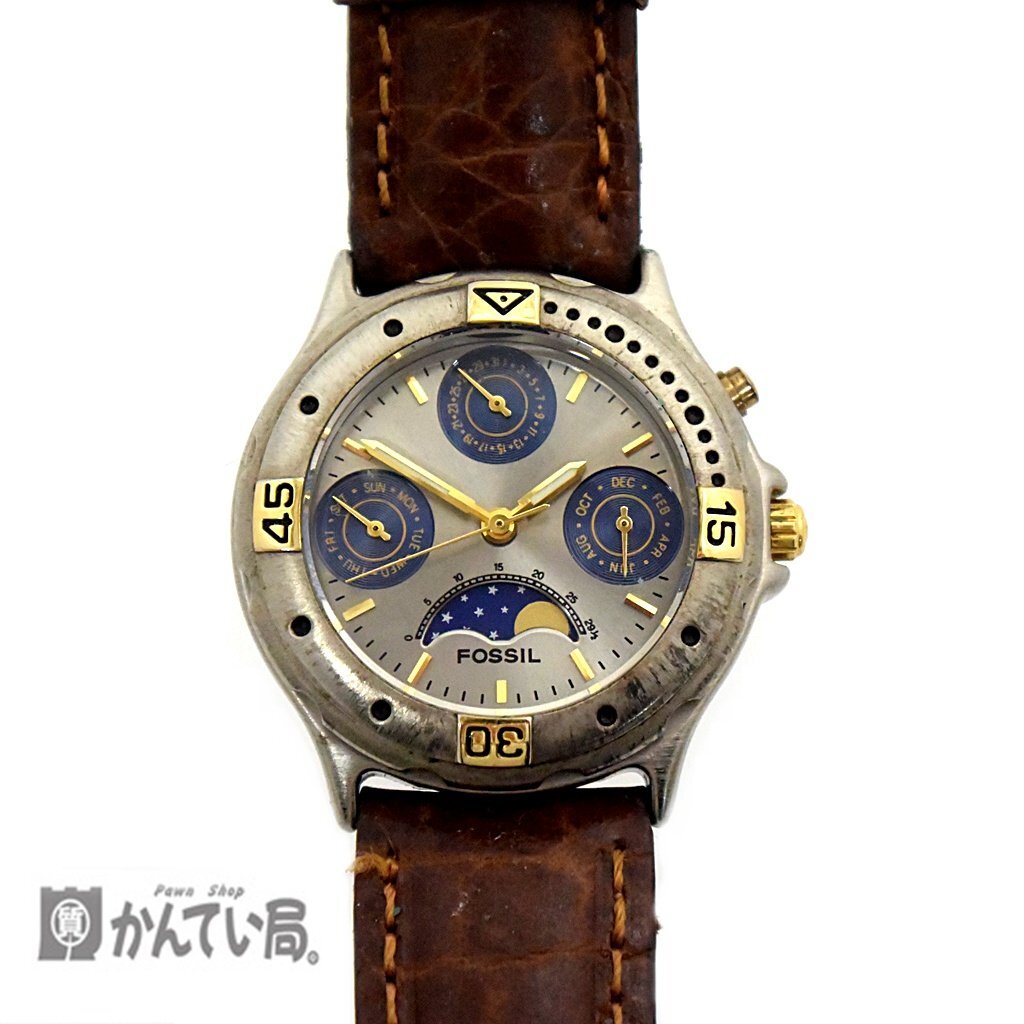 稼働品 FOSSIL フォッシル BQ-8711 ムーンフェイズ トリプルカレンダー クオーツ 回転ベゼル レザーベルト アナログ 3針 クリックポスト