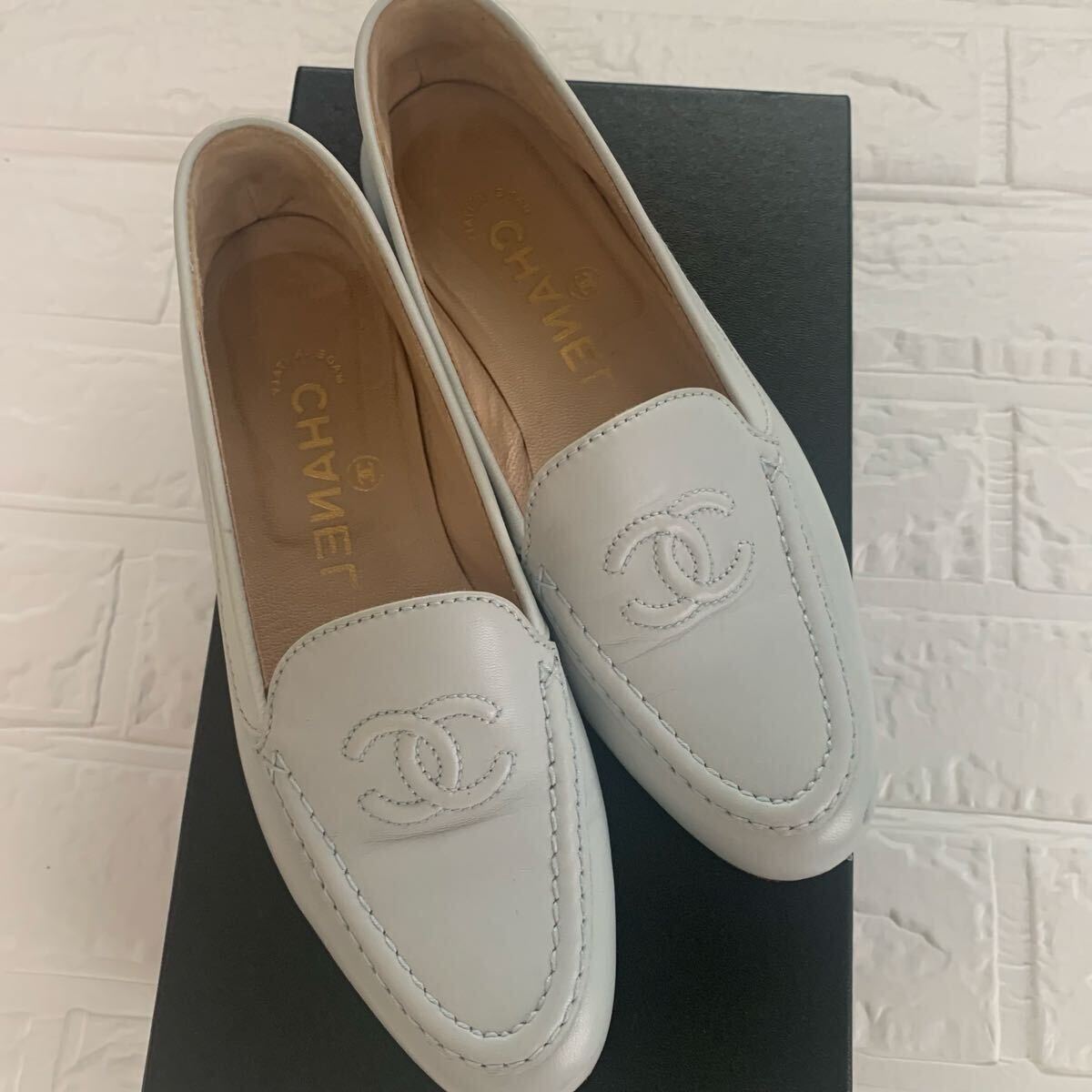 シャネル CHANEL ローファー 靴 ライトブルー 水色 サイズ 35 22.0cm ココマーク フラットシューズ