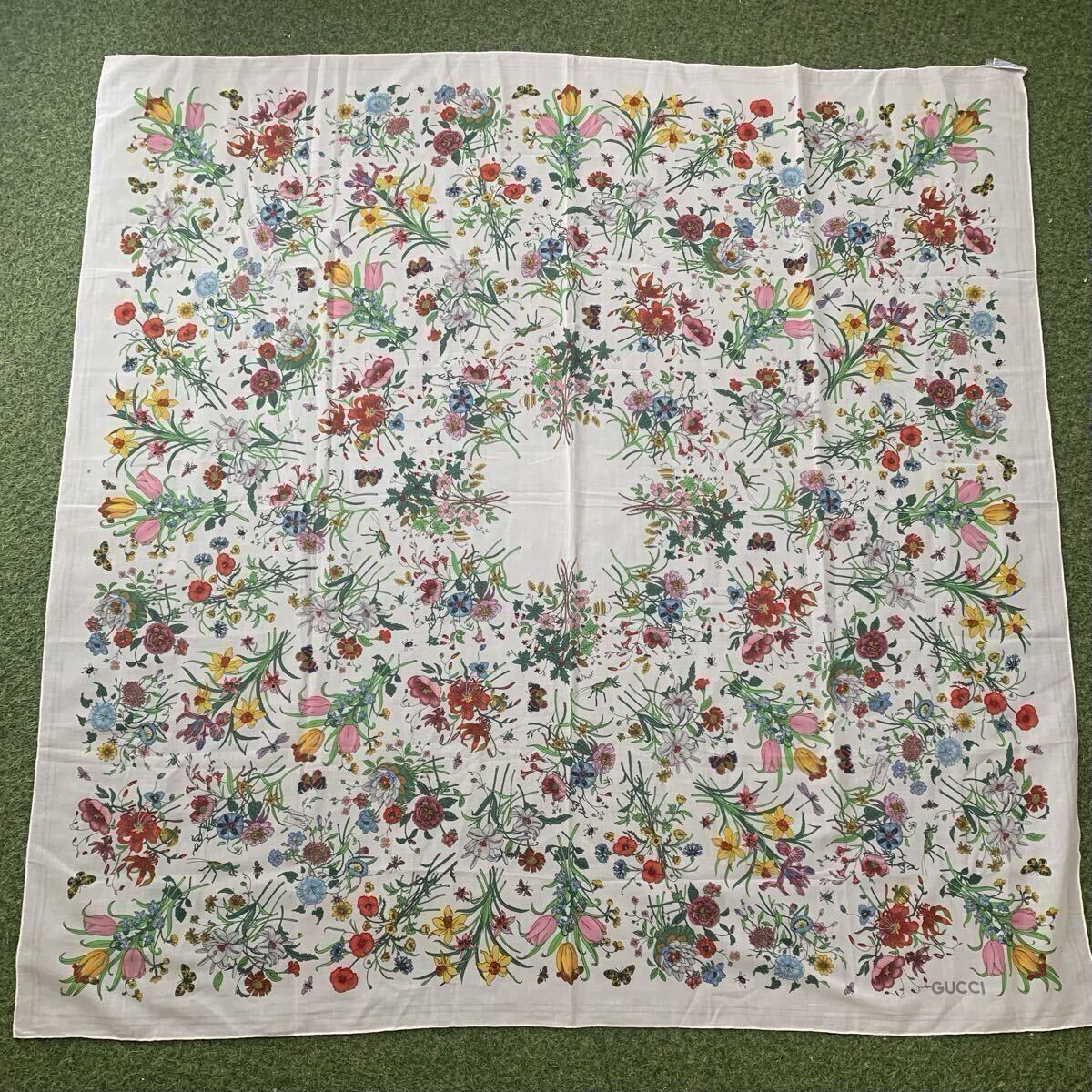 GUCCI グッチ 大判 スカーフ 花 花柄 コットン ホワイト 126cm 