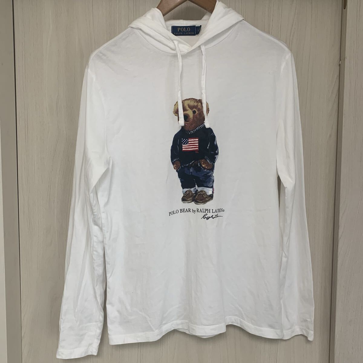ラルフローレン Ralph Lauren フードつき パーカー 白 ホワイト M ポロベア 柄 長袖 ワンポイント 