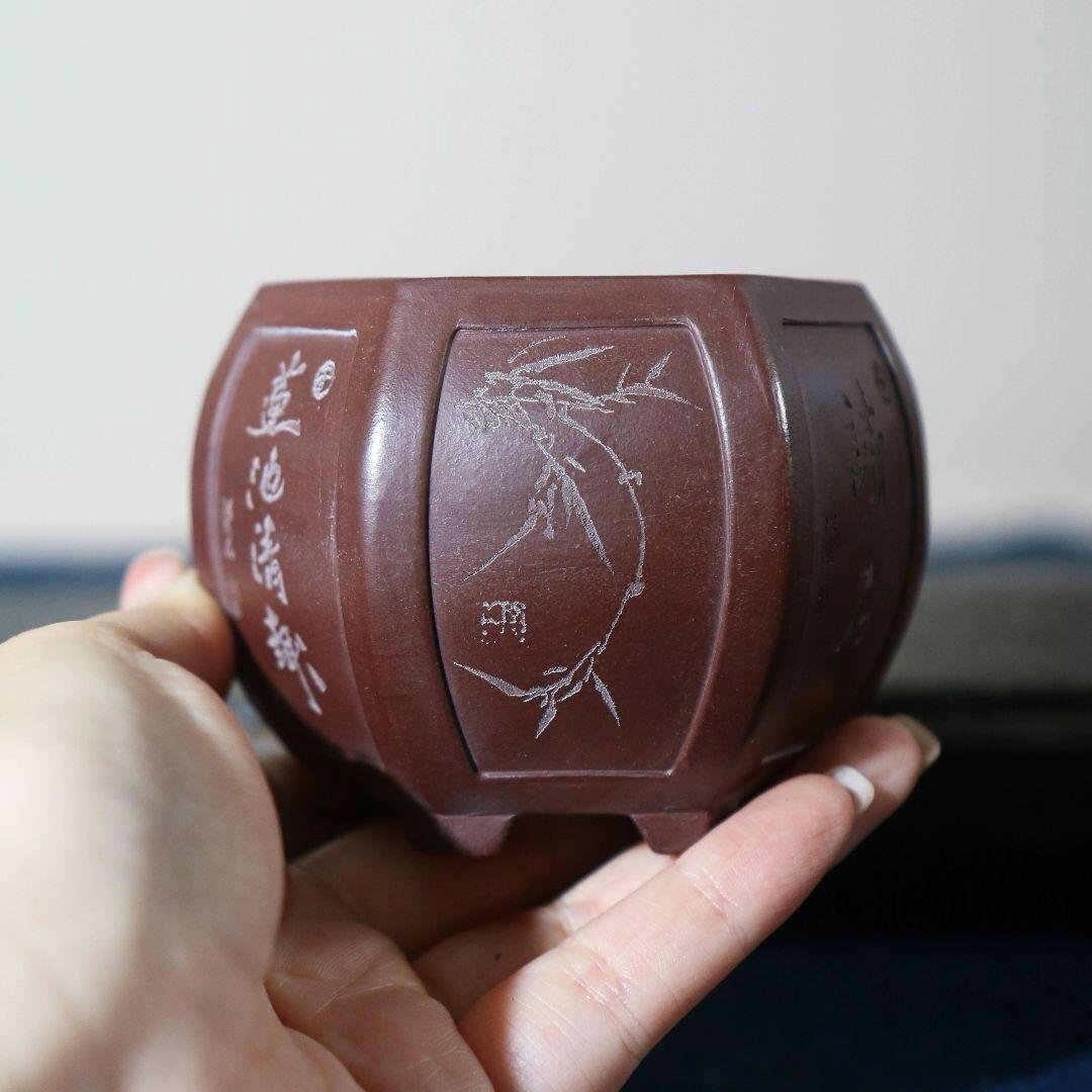 中国宜興 六角形灯窓面鉢 紫砂鉢 盆栽鉢 植木鉢 小品盆栽鉢 大品盆栽鉢