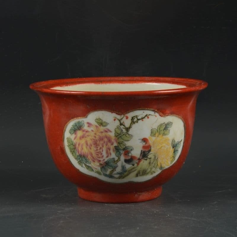 景徳鎮 沙紅開窓仙鶴花鳥図菖蒲鉢 花鉢 大盆栽 小盆栽