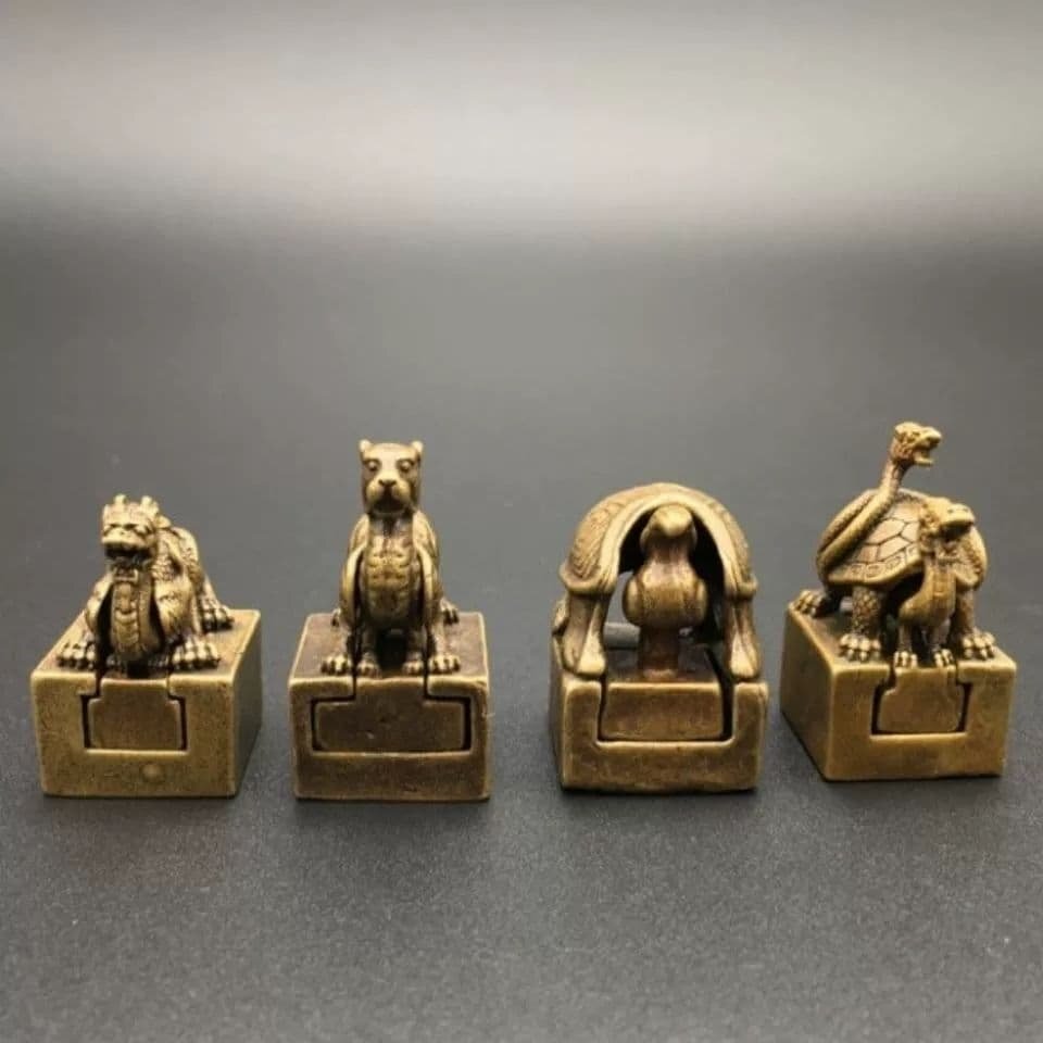 銅製 四大神獣 青龍 白虎 朱雀 玄武 子母印章 書道具 文房具 工芸品 置物