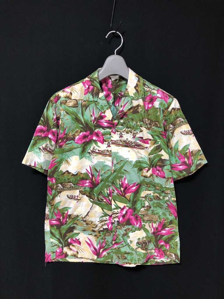 ハワイ製 ヴィンテージ◆ROYAL CREATIONS HAWAII アロハシャツ 半袖シャツ　ハイビスカス　風景柄　サイズS